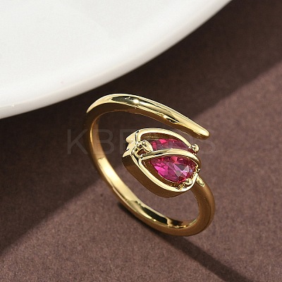 Flower Brass Micro Pave Cubic Zirconia Cuff Rings for Women RJEW-A069-05G-02-1