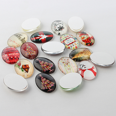 Festival Christmas Theme Xmas Ornaments Decorations Glass Oval Flatback Cabochons GGLA-A003-18x25-KK-1