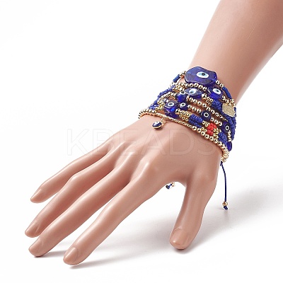 7Pcs 7 Style Evil Eye Lampwork & Glass Seed & Brass Beaded Stretch Bracelets Set for Women BJEW-JB09249-03-1