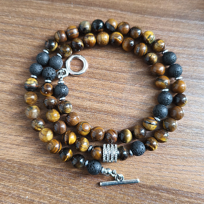 6mm Natural Tiger Eye & Lava Rock Round Beaded OT Necklaces for Men Women LS-DT8400-3-1