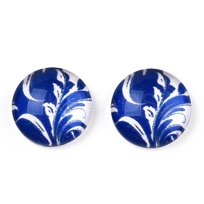 Blue and White Floral Printed Glass Cabochons GGLA-A002-12mm-XX-1