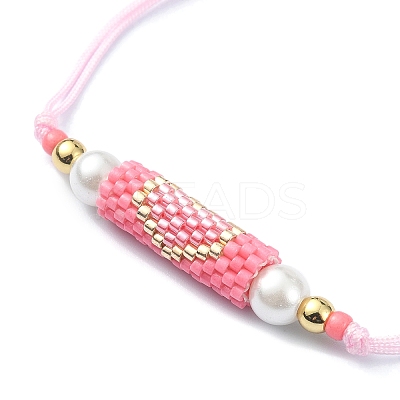 Glass Pearl & Seed Column with Heart Link Bracelet BJEW-MZ00028-01-1