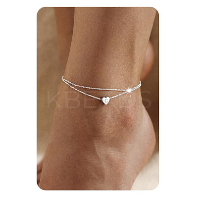 201 Stainless Steel Heart with Initial Charm Double Layer Anklets for Women FS-WG0EC0A-03-1