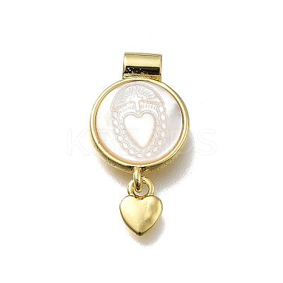 Brass Pave Natural White Shell Flat Round with Heart Pendants KK-C090-37G-05-1