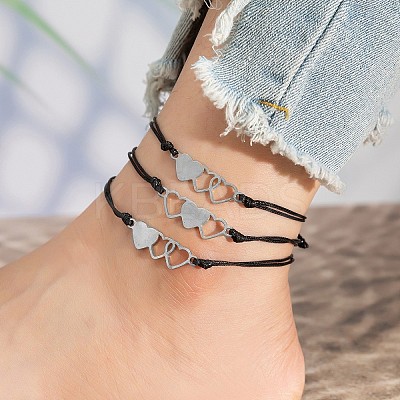 Alloy Triple Heart Link Chain Cord Adjustable Anklet Sets for Women FS-WG9630E-04-1