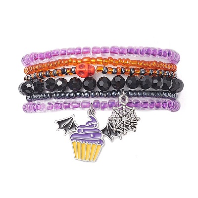 6Pcs 6 Style Dyed Synthetic Turquoise Skull & Glass Beaded Stretch Bracelets Set BJEW-JB09391-1