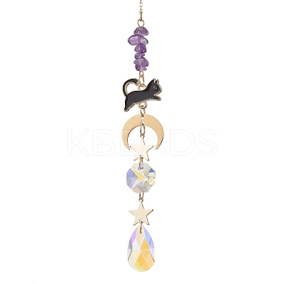 Teardrop Glass & Natural Amethyst Beads Hanging Suncatchers HJEW-JM04611-1