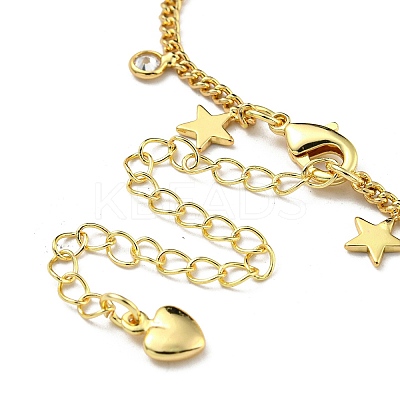 Brass Star & Glass Flat Round Charm Bracelets with Curb Chains NJEW-R263-25G-1