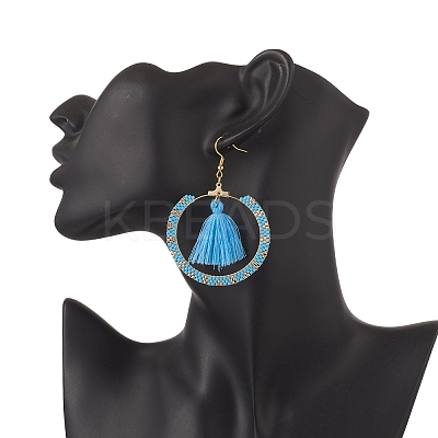 Glass Seed Braided Ring & Polycotton Tassel Dangle Earrings EJEW-MZ00051-1