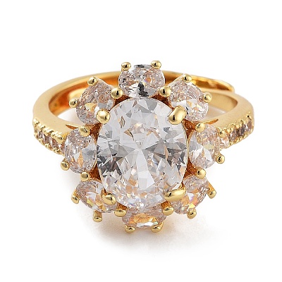 Flower Rack Plating Brass Micro Pave Cubic Zirconia Adjustable Rings for Women RJEW-Z059-11G-02-1