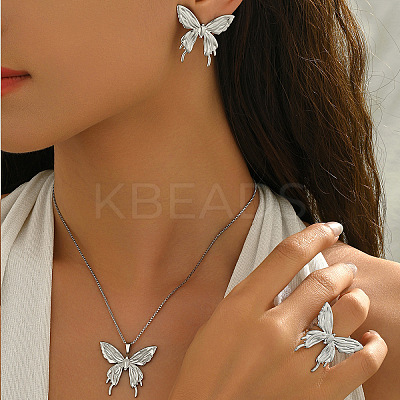 304 Stainless Steel Butterfly Stud Earrings & Pendant Necklaces & Rings Sets for Women WG6482F-05-1