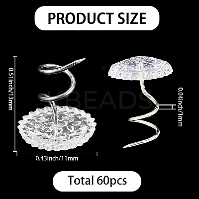 60Pcs Clear Acrylic Flat Round Head Iron Twist Pins FIND-SP0004-66-1