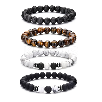 4Pcs Natural Lava Rock & Tiger Eye & Howlite Beaded Stretch Bracelets for Women Men QY3099-1