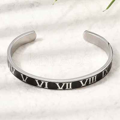 304 Stainless Steel Black Enamel Roman Numerals Open Cuff Bangles for Women SA-CBAC920-14P-1