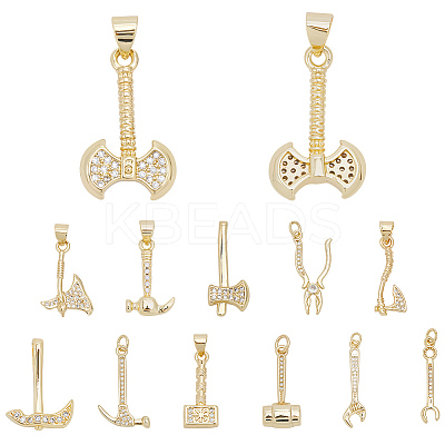 12Pcs 12 Styles Rack Plating Brass Micro Pave Clear Cubic Zirconia Tool Pendants KK-BBC0021-90-1