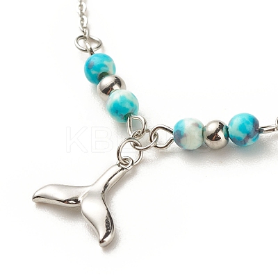 304 Stainless Steel Mixed Shape Charm Anklet with Round Natural White Jade Beads for Women AJEW-AN00498-1