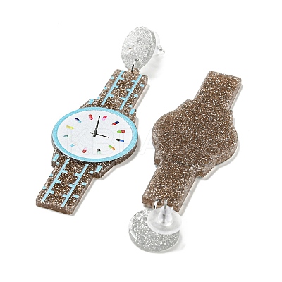 Sparkling Acrylic Watch Dangle Stud Earrings with 304 Stainless Steel Pins LS-EJEW-C063-01F-1