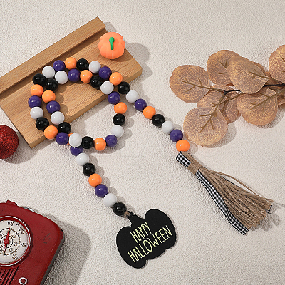 Round Wooden Beaded Halloween Decoration AJEW-WH20019-61-1
