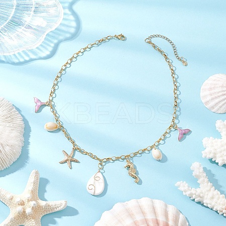 Alloy Enamel Whale Tail Starfish & Natural Shell Teardrop Pendant 304 Stainless Steel Cable Chain Necklaces for Women NJEW-JN05407-02-1