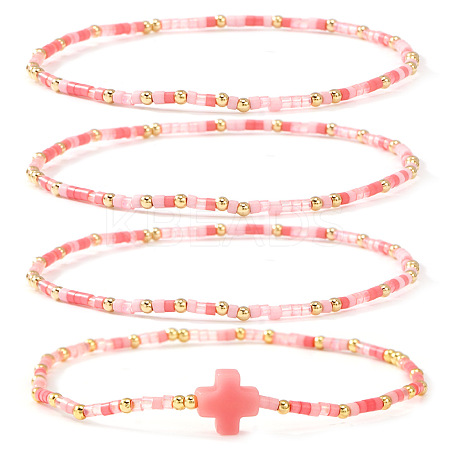 4Pcs Bohemian Summer Cross & Glass Seed Bead Beaded Stretch Bracelet Sets BE5944-3-1