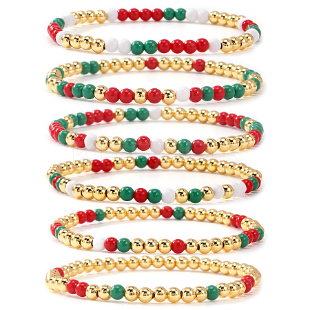 6Pcs Christmas Round Glass & Brass Beaded Stretch Bracelet Sets HE1918-2-1
