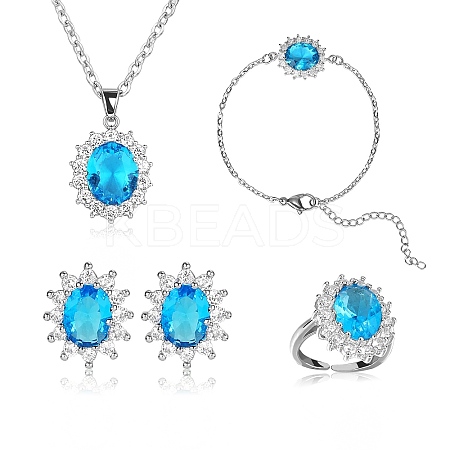 Cubic Zirconia Oval Pendant Necklace & Link Bracelet & Cuff Ring & Stud Earrings SJEW-SZC0001-01D-1