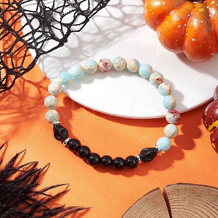 Synthetic Imperial Jasper & Turquoise & Painted Glass Beaded Stretch Bracelet for Women Men BJEW-JB12500-03-1