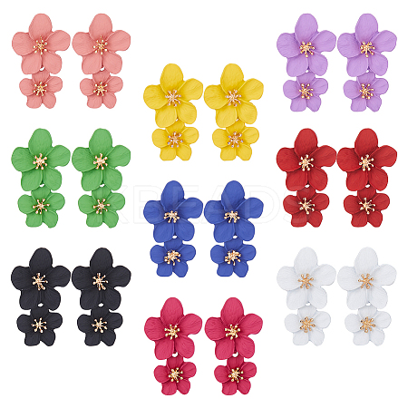 9 Pairs 9 Colors Alloy Flower Dangle Stud Earrings for Woman EJEW-FI0001-72-1