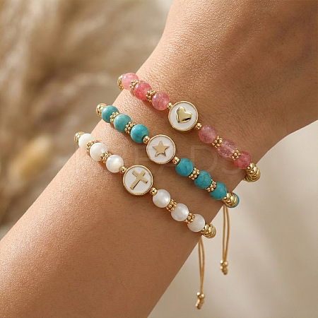 3Pcs Minimalist Adjustable Synthetic Turquoise & Watermelon Stone Glass & Natural Shell Beads Braided Bead Bracelets SR5600-5-1