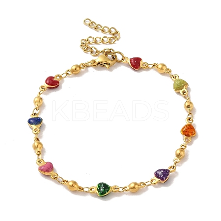 304 Stainless Steel Enamel Colorful Heart Link Chains Bracelets for Women LS-BJEW-B079-01G-1
