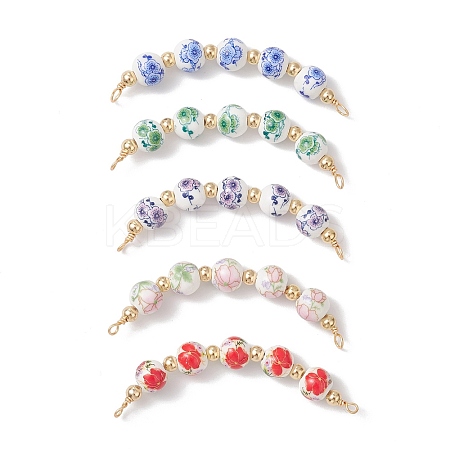 5Pcs 5 Colors Flower Printed Porcelian Round Beaded Connector Charms PALLOY-JF04161-1