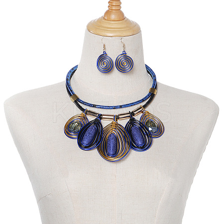 Aluminum Wire Wrapped Resin Beaded Oval Pendant Necklaces & Flat Round Dangle Earrings Sets WGF604D-02-1