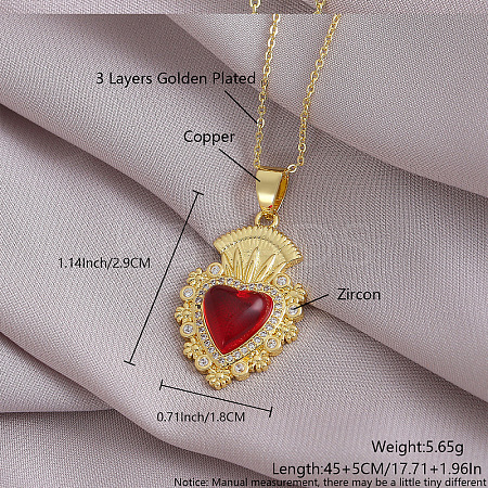 Brass Micro Pave Clear Cubic Zirconia and Red Resin Scared Heart Pendant Necklaces for Women FS-WG476F5-19-1