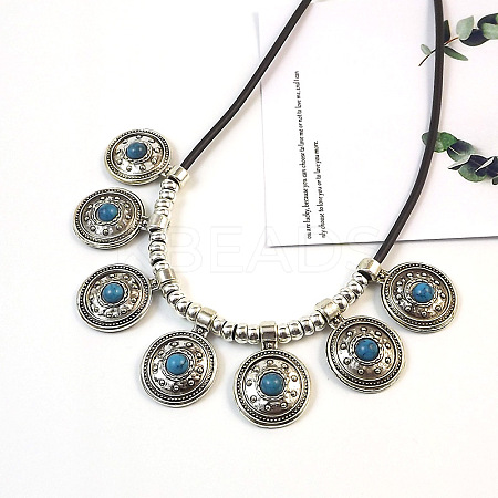 Ethnic Style Alloy Pave Dyed Synthetic Turquoise Pendant Bib Necklaces FS-WGF05C4-05-1