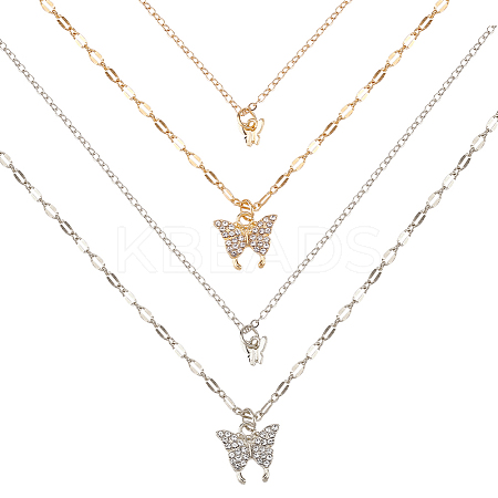 2Pcs 2 Colors Crystal Rhinestone Butterfly Pendant Double Layer Necklaces Set NJEW-AN0001-23-1