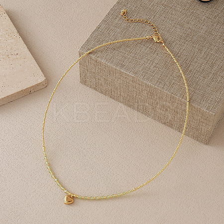 Stainless Steel Heart Pendant Faceted Round Natural Peridot with Miyuki Beaded Necklaces UF0843-3-1