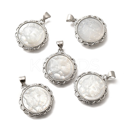 Brass Pave Natural White Shell Carved Cat Pendants KK-Z091-08P-03-1