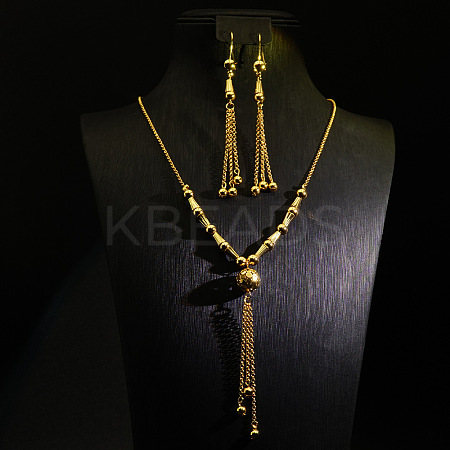 Alloy & Brass Round Beaded Tassel Pendant Necklaces & Hoop Earrings Sets FS-WGD59F5-01-1