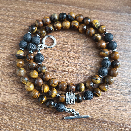 6mm Natural Tiger Eye & Lava Rock Round Beaded OT Necklaces for Men Women LS-DT8400-3-1