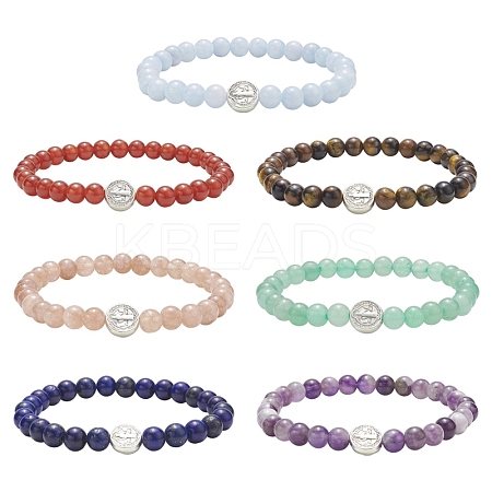 7Pcs 7 Style Natural Mixed Gemstone & Alloy Saint Benedict Beaded Strech Bracelets Set for Women BJEW-JB09346-1