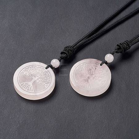 Natural Rose Quartz Flat Round with Tree of Life Pendant Necklace with Nylon Cord for Women NJEW-P274-03-06-1