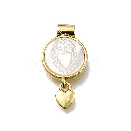 Brass Pave Natural White Shell Flat Round with Heart Pendants KK-C090-37G-05-1