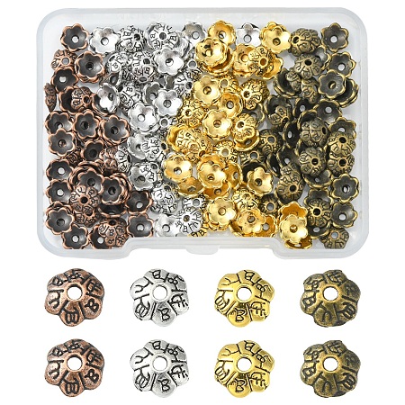 200Pcs 4 Colors 6-Petal Tibetan Style Alloy Flower Bead Caps TIBE-FS0001-03-1