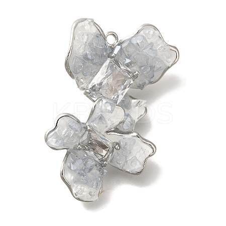 Brass Clear Cubic Zirconia & Glass Flower Connector Charms KK-K388-63P-1