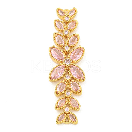 Brass Pave Pink Cubic Zirconia Flower with Leaf Links Connector Charms KK-P277-52G-02-1