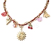 304 Stainless Steel Sun Heart Bees Red Enamel Lip Cherry Pendant Dark Red Cord Necklaces for Women NJEW-A063-09G-2