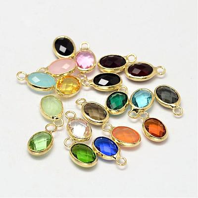 Oval Faceted Golden Tone Brass Glass Charms GLAA-O015-G-1