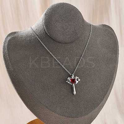Brass Cubic Zirconia Wing Cross Pendant Necklaces for Women NJEW-C067-07P-01-1