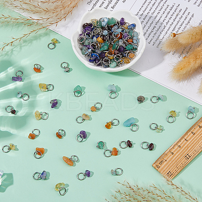 140Pcs 7 Styles Natural Gemstone Chip Charms with Brass Loops PALLOY-FH00120-1