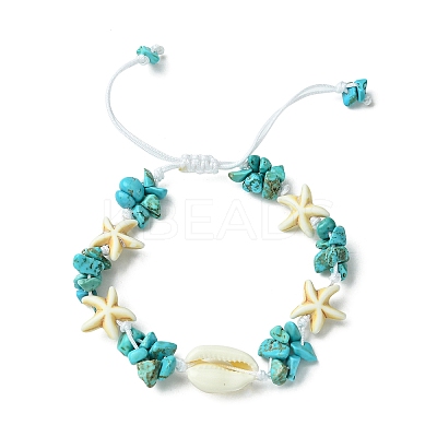 Synthetic Turquoise Starfish & Natural Shell Braided Bead Bracelets BJEW-TA00371-1